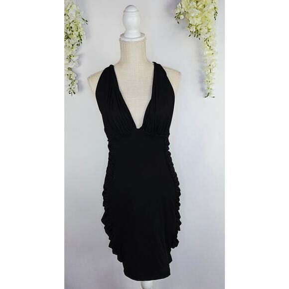 Halter Bodycon Dress XL Black Ruched Side Plunge Neck Stretch Y2K Goth Clubwear - Picture 2 of 13
